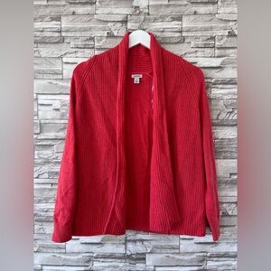 LL Bean Womens Scarlet Red Open Front Wide Shawl Ribbed Cotton Cardigan S PETITE